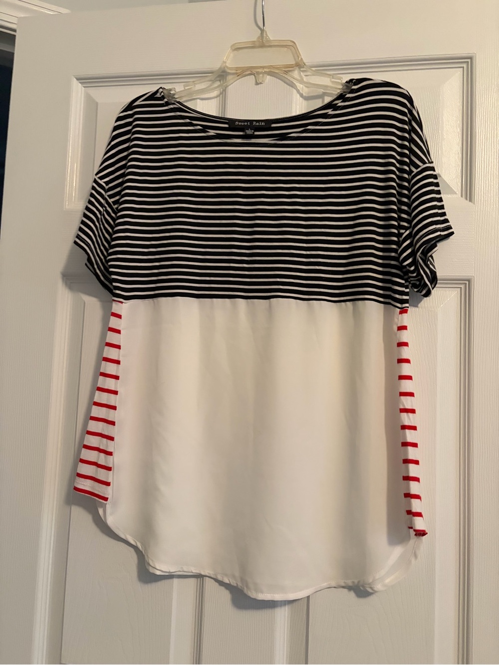 Sweet Rain Black & White Striped Top with Red Side Accents NWOT